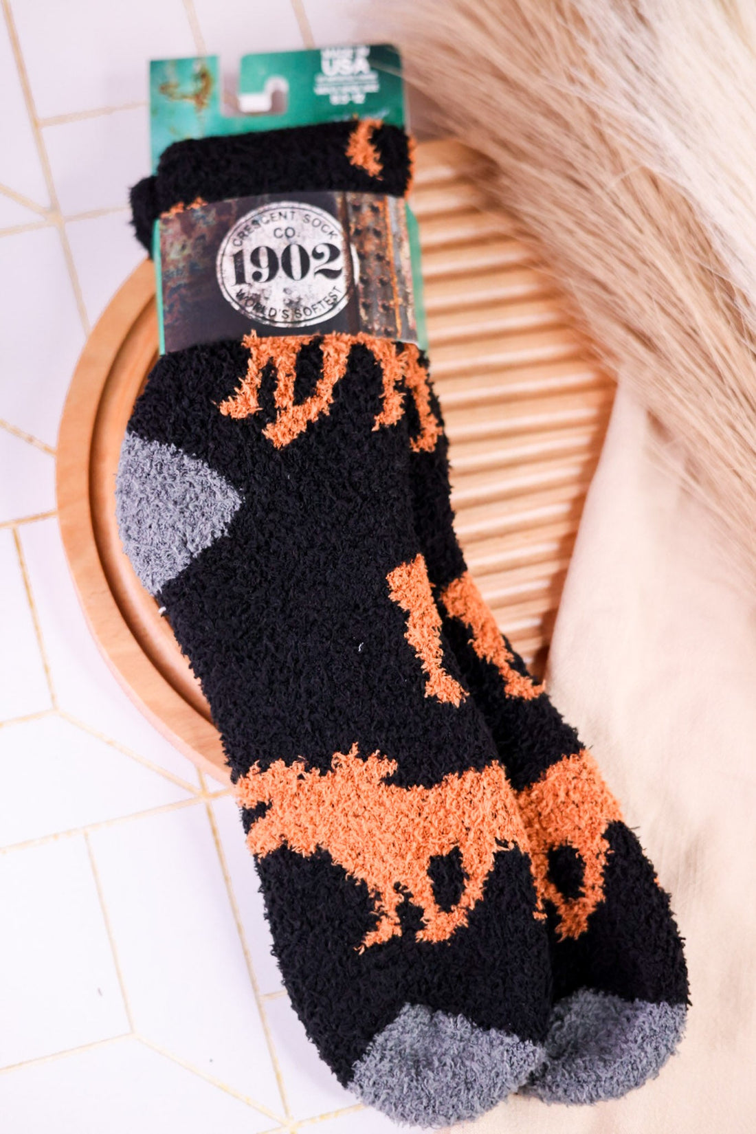 Men's Fuzzy Crew Socks With Moose Print - Whiskey Skies - CRESCENT SOCK COMPANY