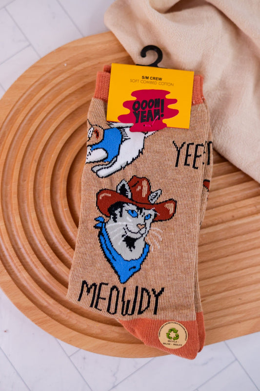 Meowdy Cowgirl Kitty Crew Socks - Whiskey Skies - OOOH YEAH SOCKS