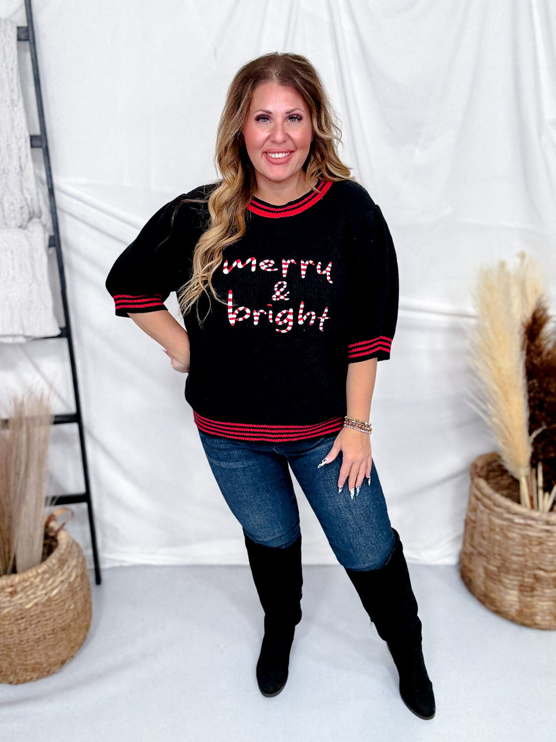 "Merry & Bright" Sweater With Short Puff Sleeves - Whiskey Skies - ODDI