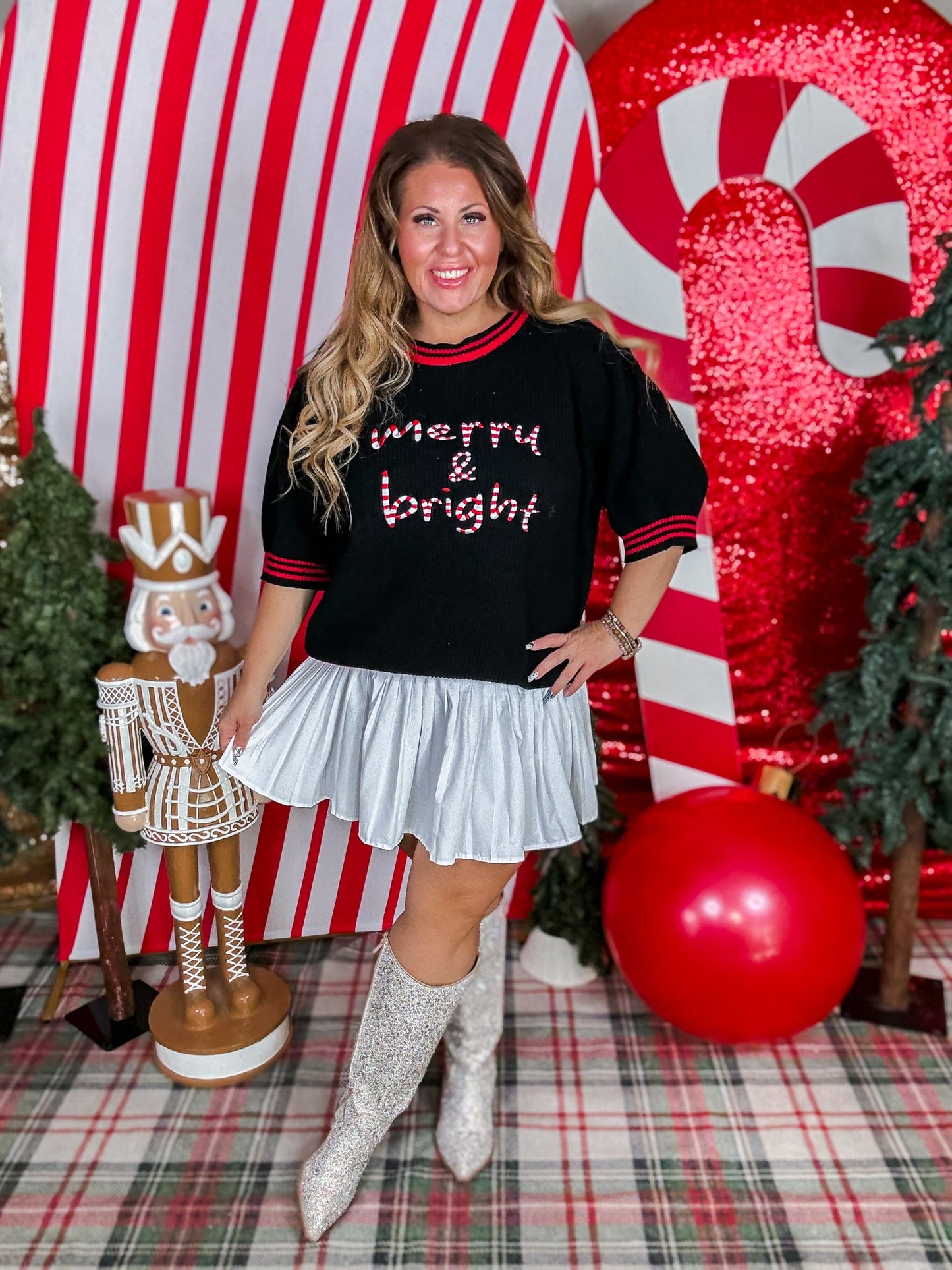 "Merry & Bright" Sweater With Short Puff Sleeves - Whiskey Skies - ODDI