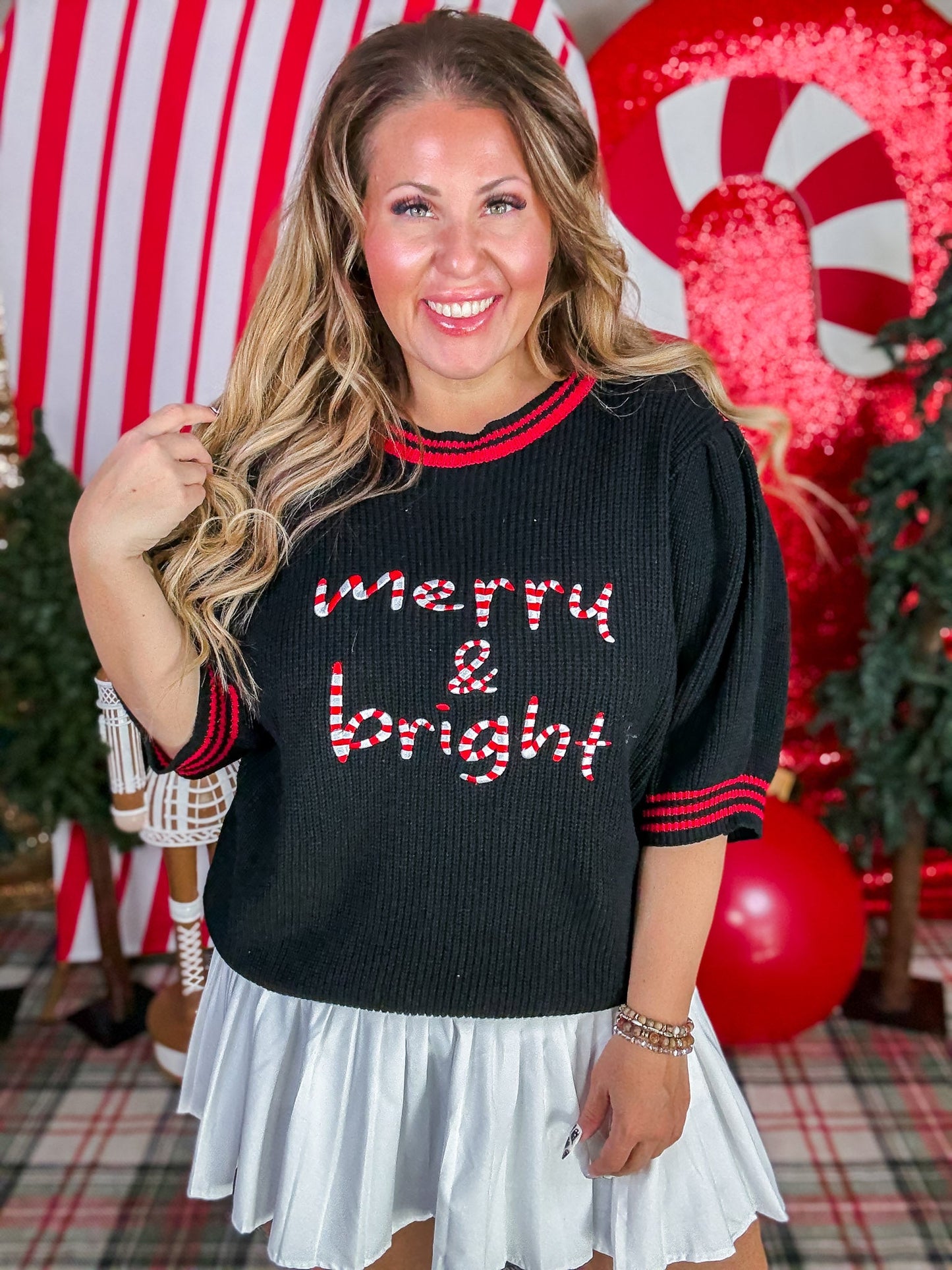 "Merry & Bright" Sweater With Short Puff Sleeves - Whiskey Skies - ODDI