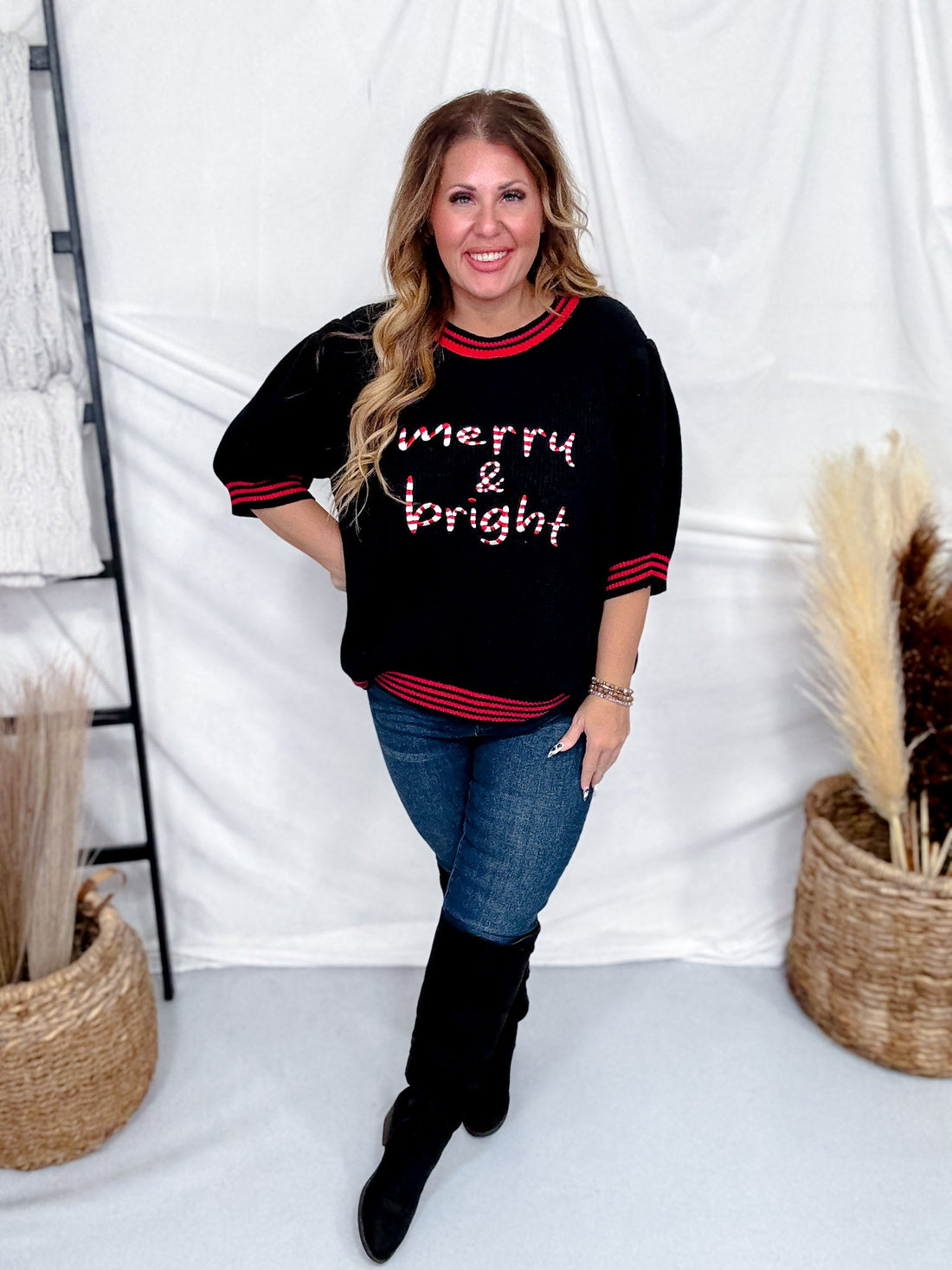 "Merry & Bright" Sweater With Short Puff Sleeves - Whiskey Skies - ODDI