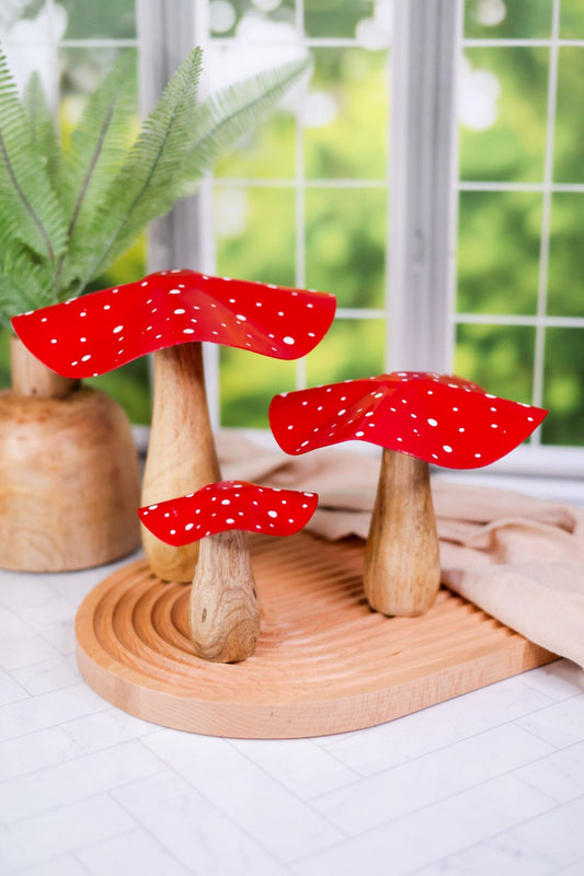 Metal and Mango Wood Red Mushrooms (3 Sizes) - Whiskey Skies - GERSON COMPANIES