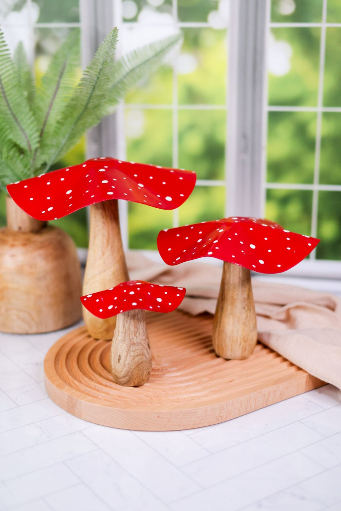 Metal and Mango Wood Red Mushrooms (3 Sizes) - Whiskey Skies - GERSON COMPANIES