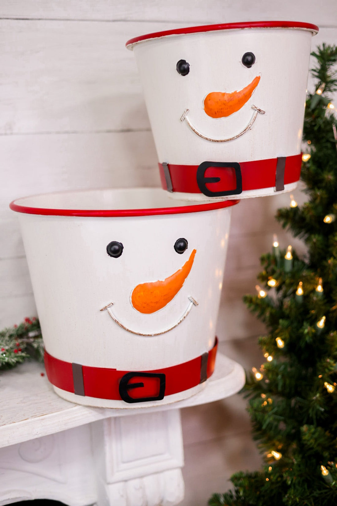 Metal White Snowman With Belt Buckets (2 Sizes) - Whiskey Skies - SPECIAL T IMPORTS INC