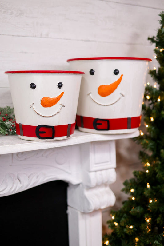 Metal White Snowman With Belt Buckets (2 Sizes) - Whiskey Skies - SPECIAL T IMPORTS INC