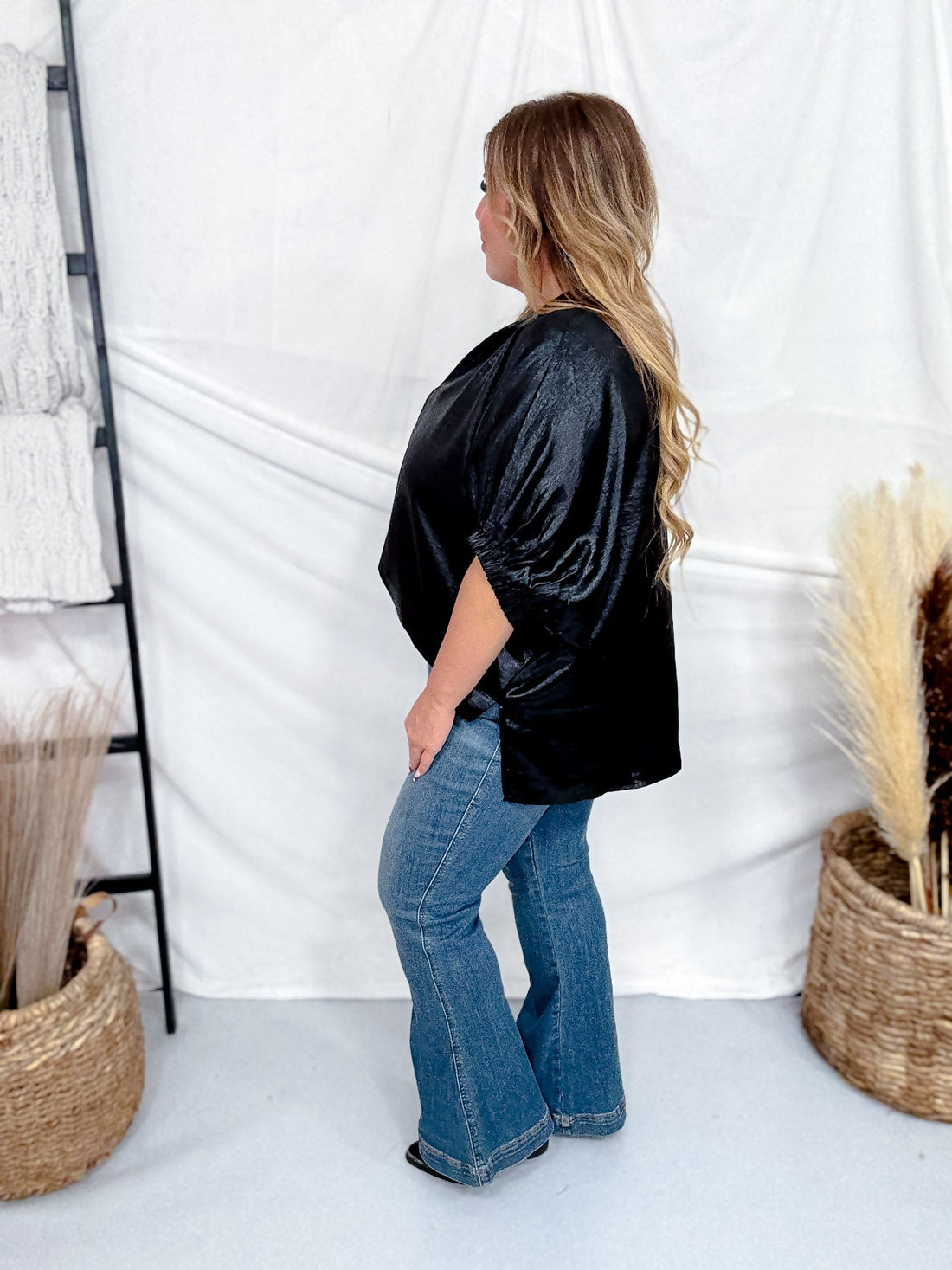 Metallic Black V - Neck Short Dolman Sleeve Top - Whiskey Skies - ENTRO