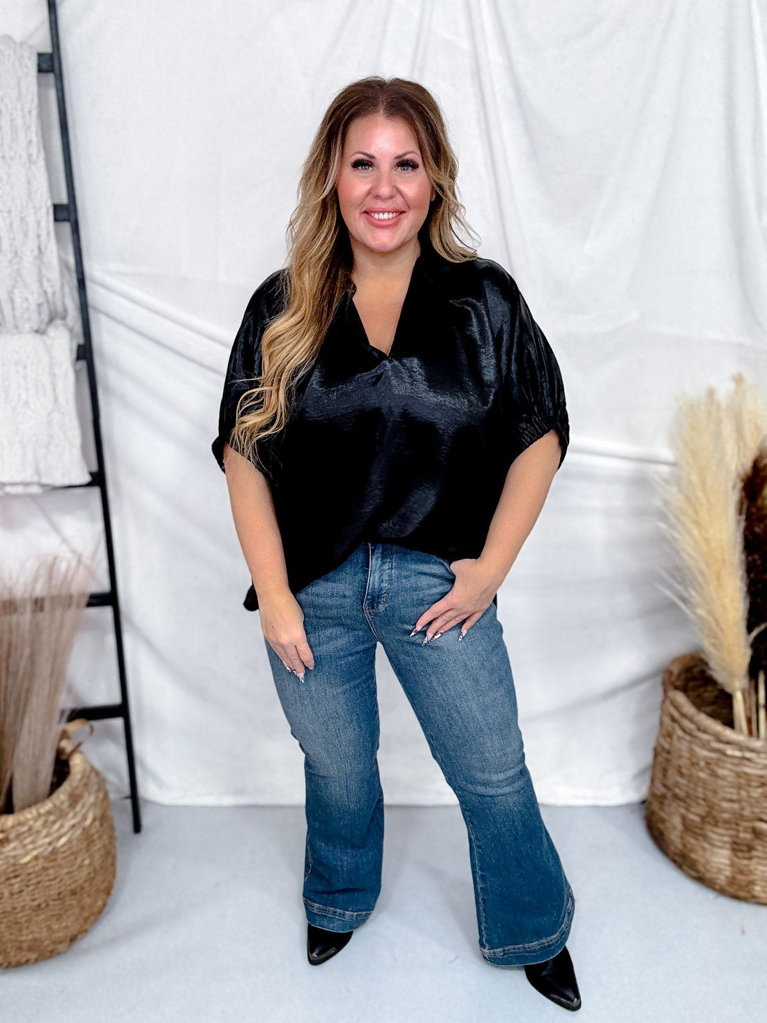 Metallic Black V - Neck Short Dolman Sleeve Top - Whiskey Skies - ENTRO