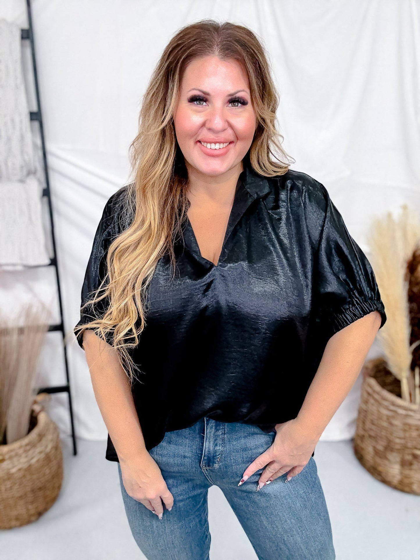 Metallic Black V - Neck Short Dolman Sleeve Top - Whiskey Skies - ENTRO