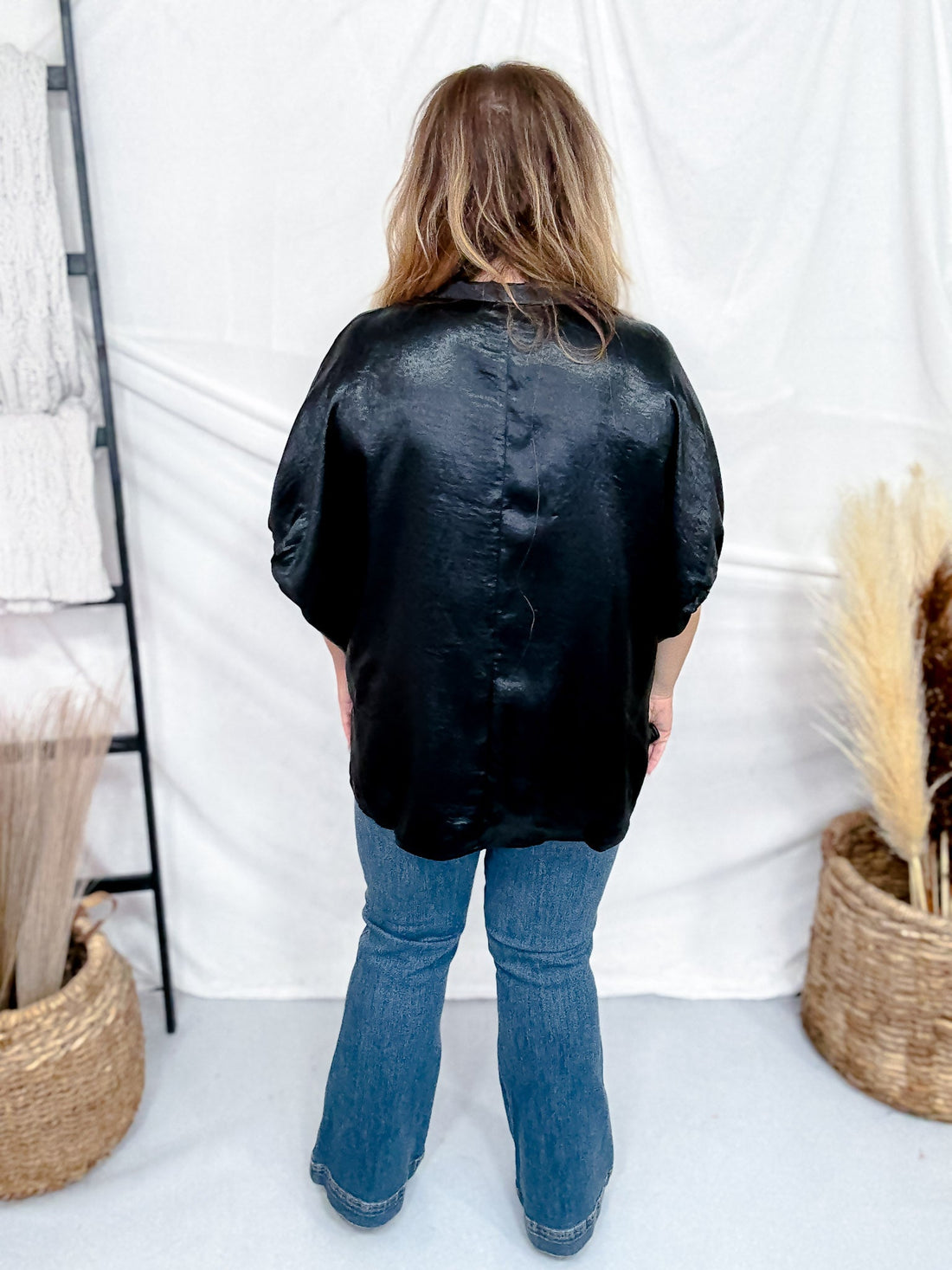 Metallic Black V - Neck Short Dolman Sleeve Top - Whiskey Skies - ENTRO