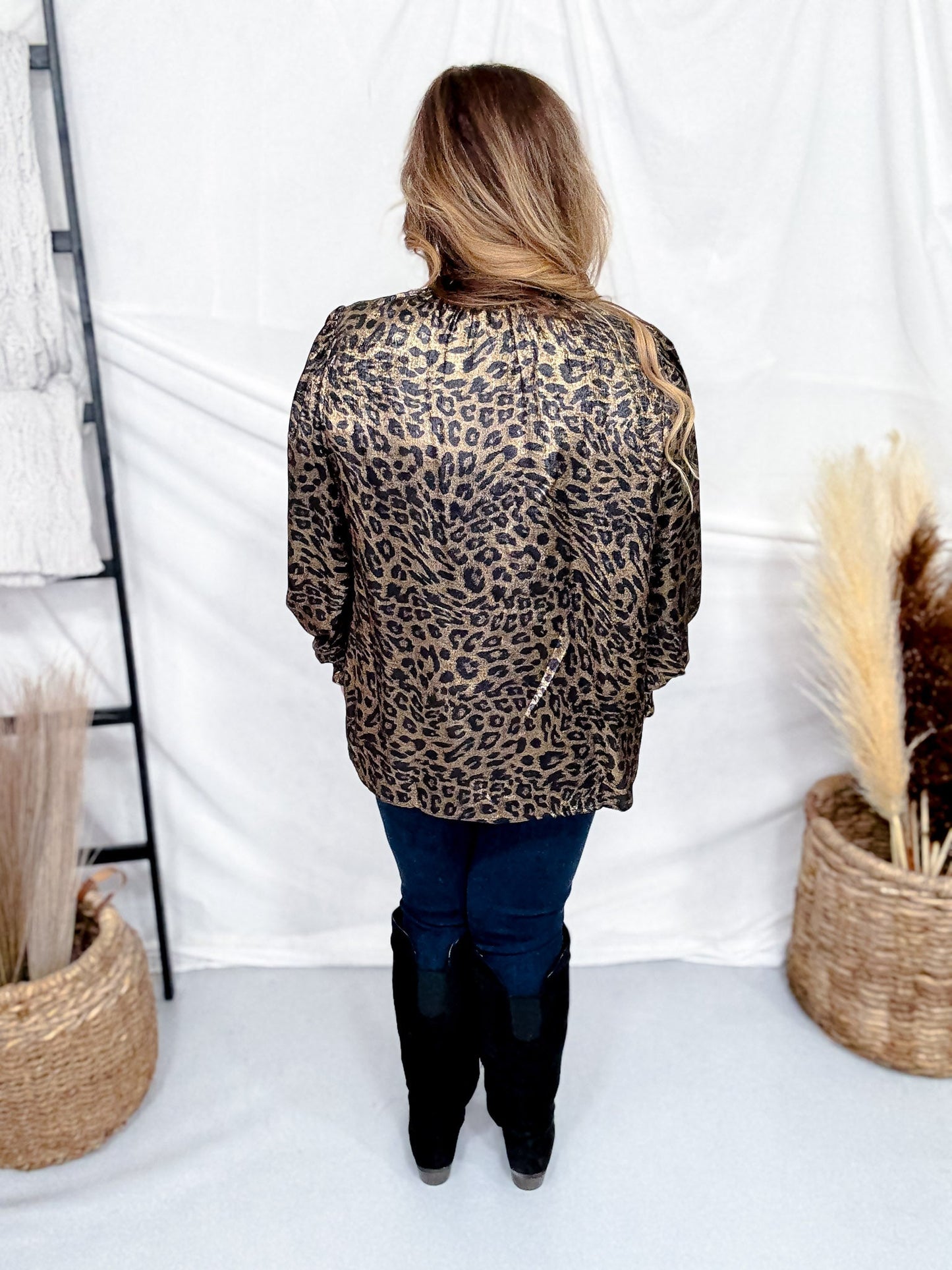 Metallic Leopard Print Blouse With Ruffled Accents - Whiskey Skies - ODDI