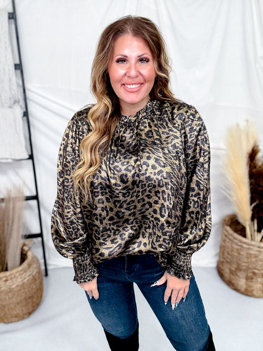 Metallic Leopard Print Blouse With Ruffled Accents - Whiskey Skies - ODDI