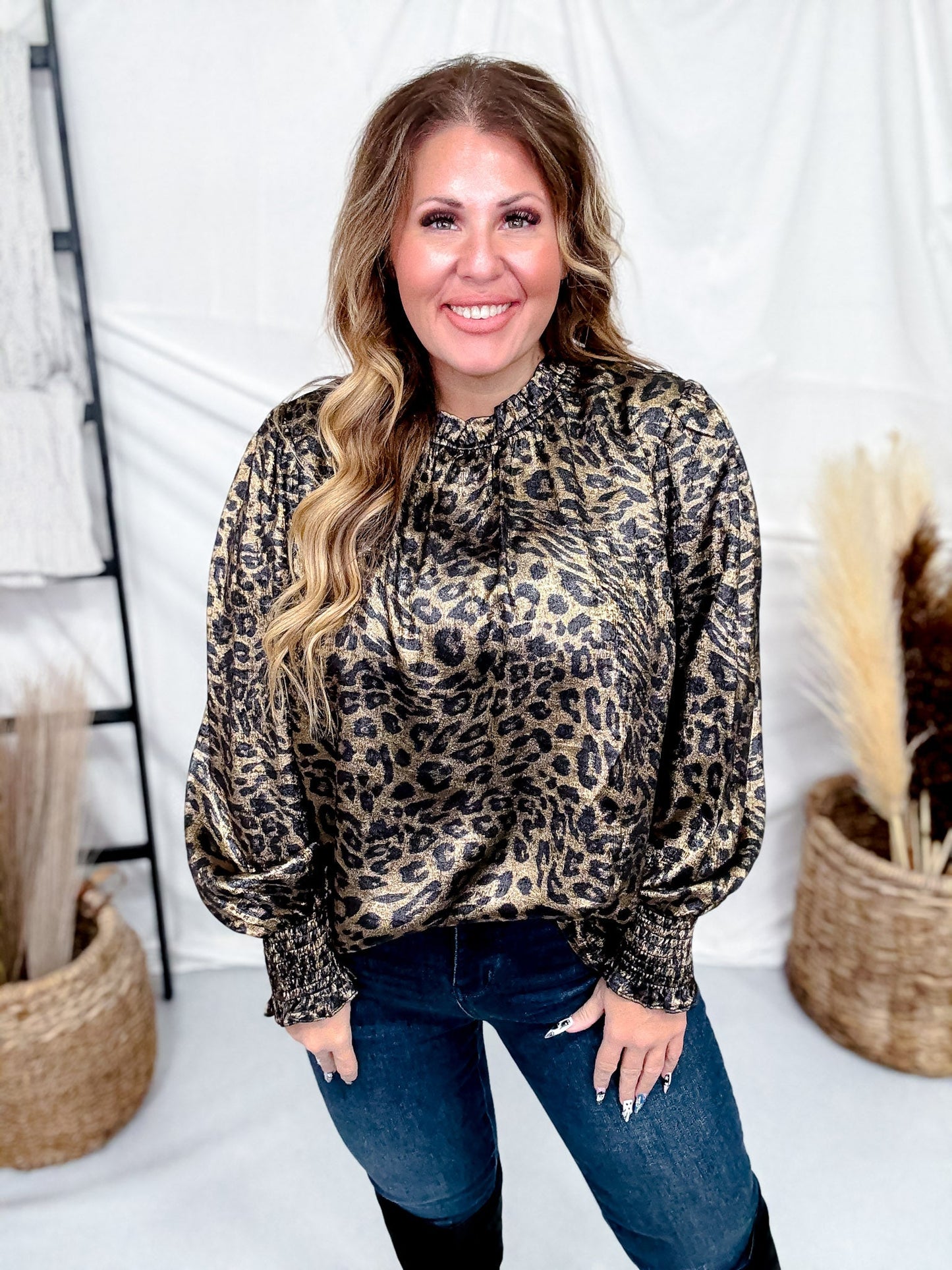 Metallic Leopard Print Blouse With Ruffled Accents - Whiskey Skies - ODDI