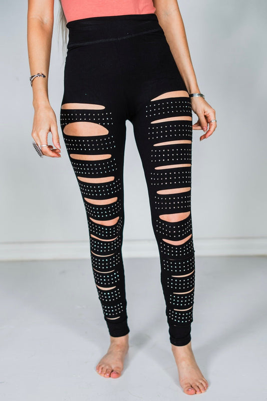 Mid Rise Laser Cut Leggings with Rhinestones - Whiskey Skies - VOCAL