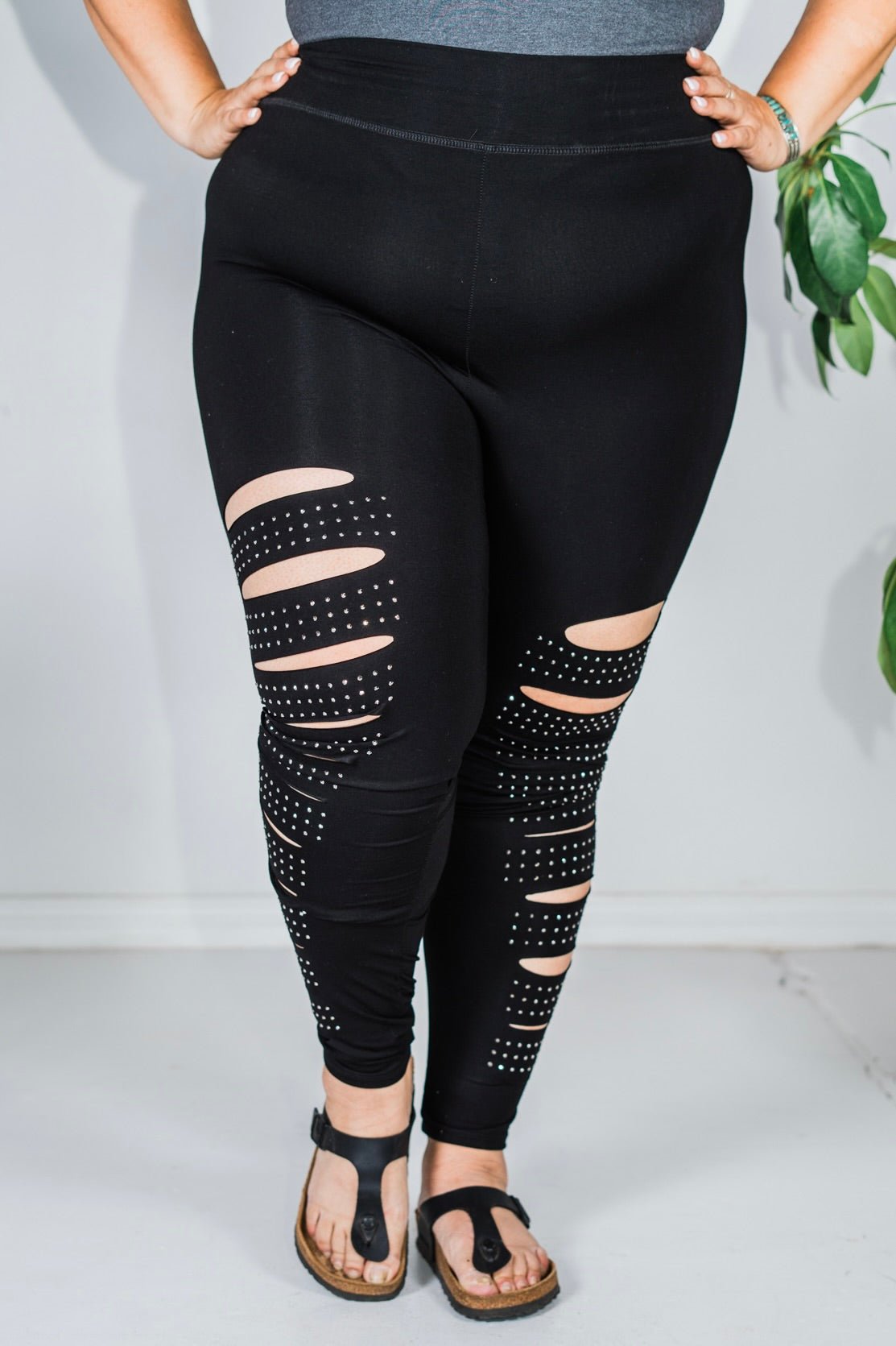 Mid Rise Laser Cut Leggings with Rhinestones - Whiskey Skies - VOCAL