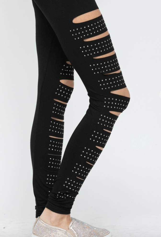 Mid Rise Laser Cut Leggings with Rhinestones - Whiskey Skies - VOCAL