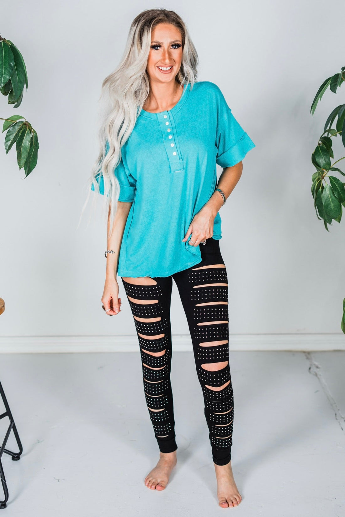 Mid Rise Laser Cut Leggings with Rhinestones - Whiskey Skies - VOCAL