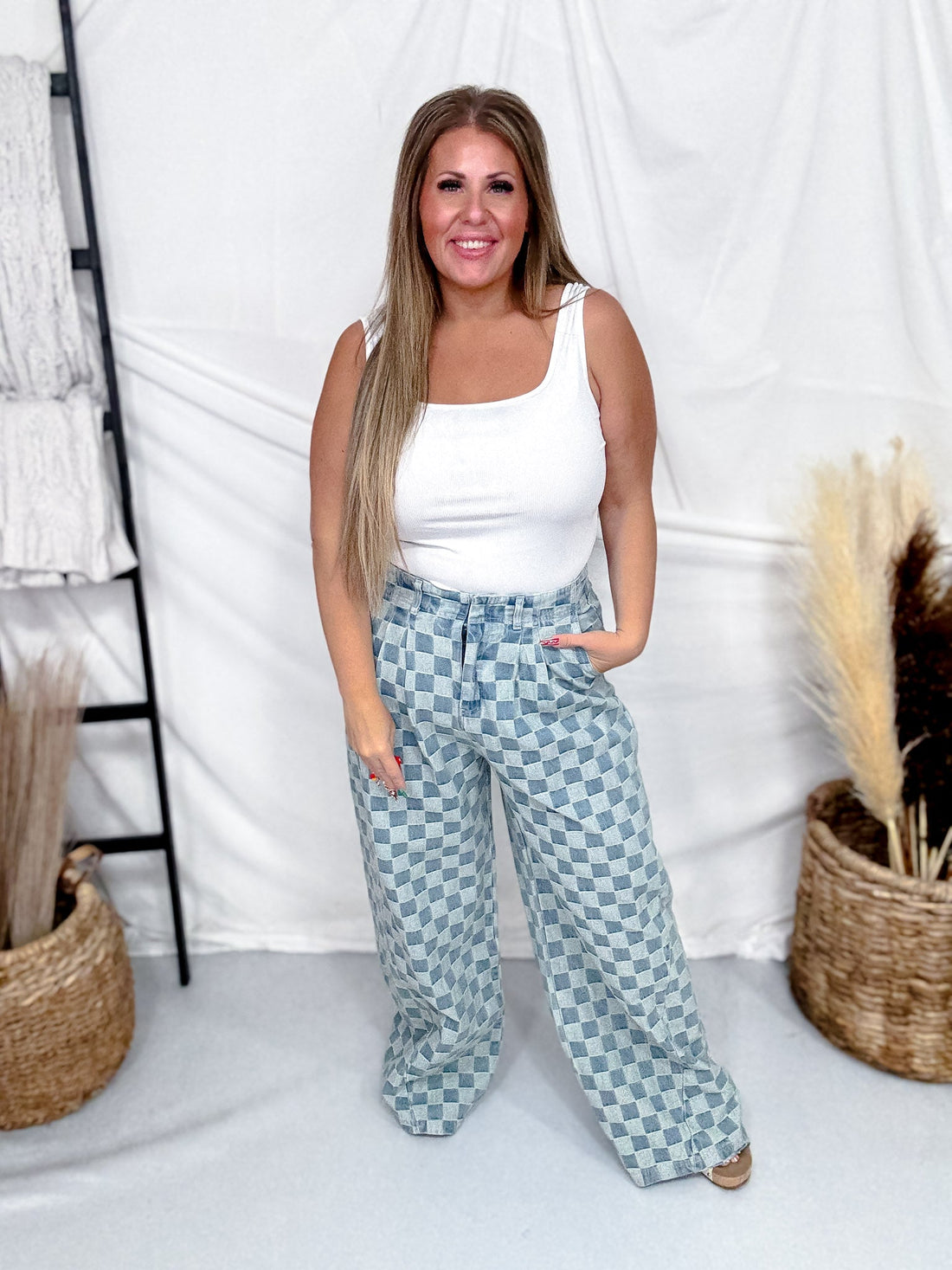 Mid Rise Wide Leg Checkered Denim Pants - Whiskey Skies - SWEET GENERIS