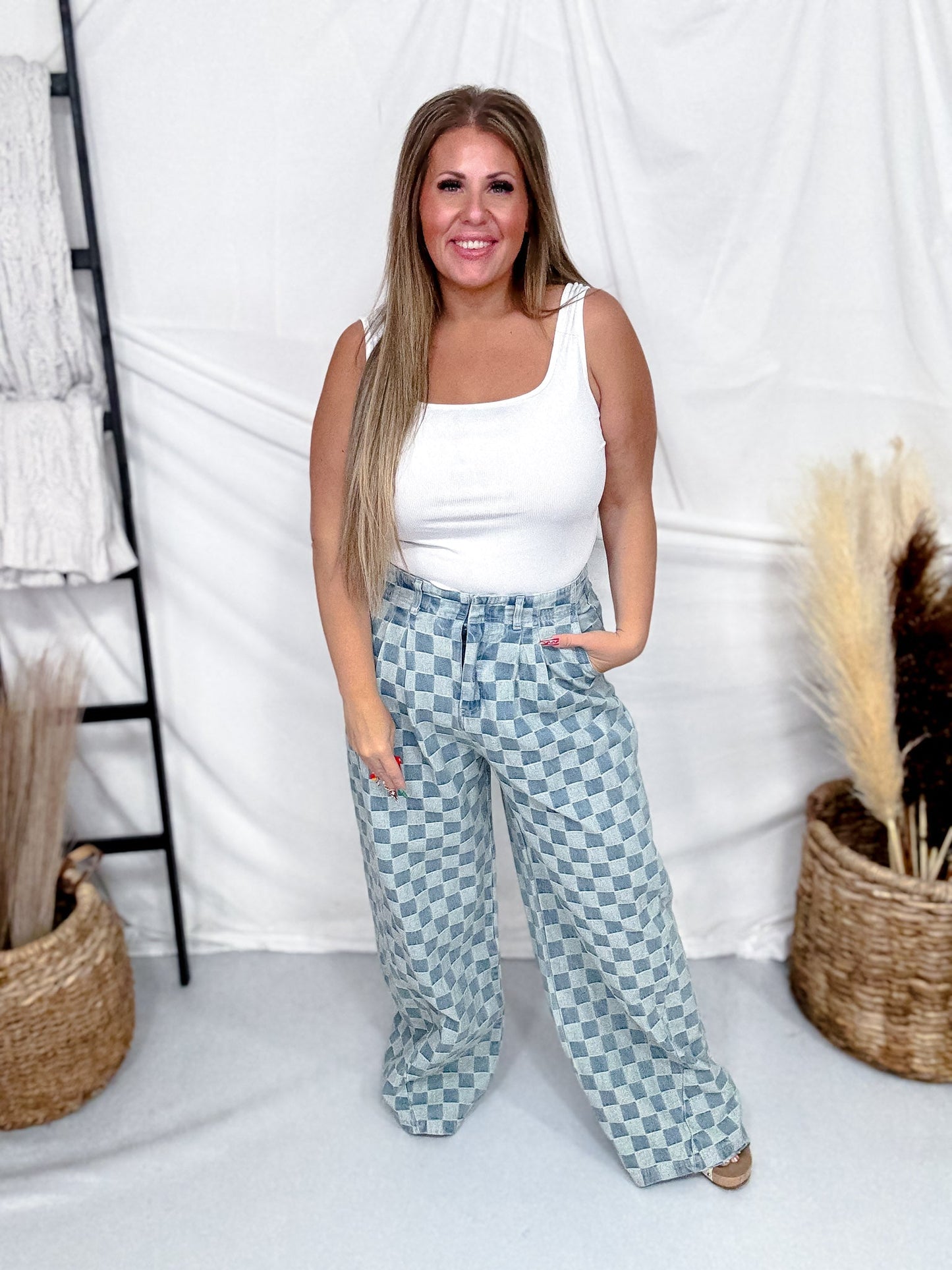 Mid Rise Wide Leg Checkered Denim Pants - Whiskey Skies - SWEET GENERIS
