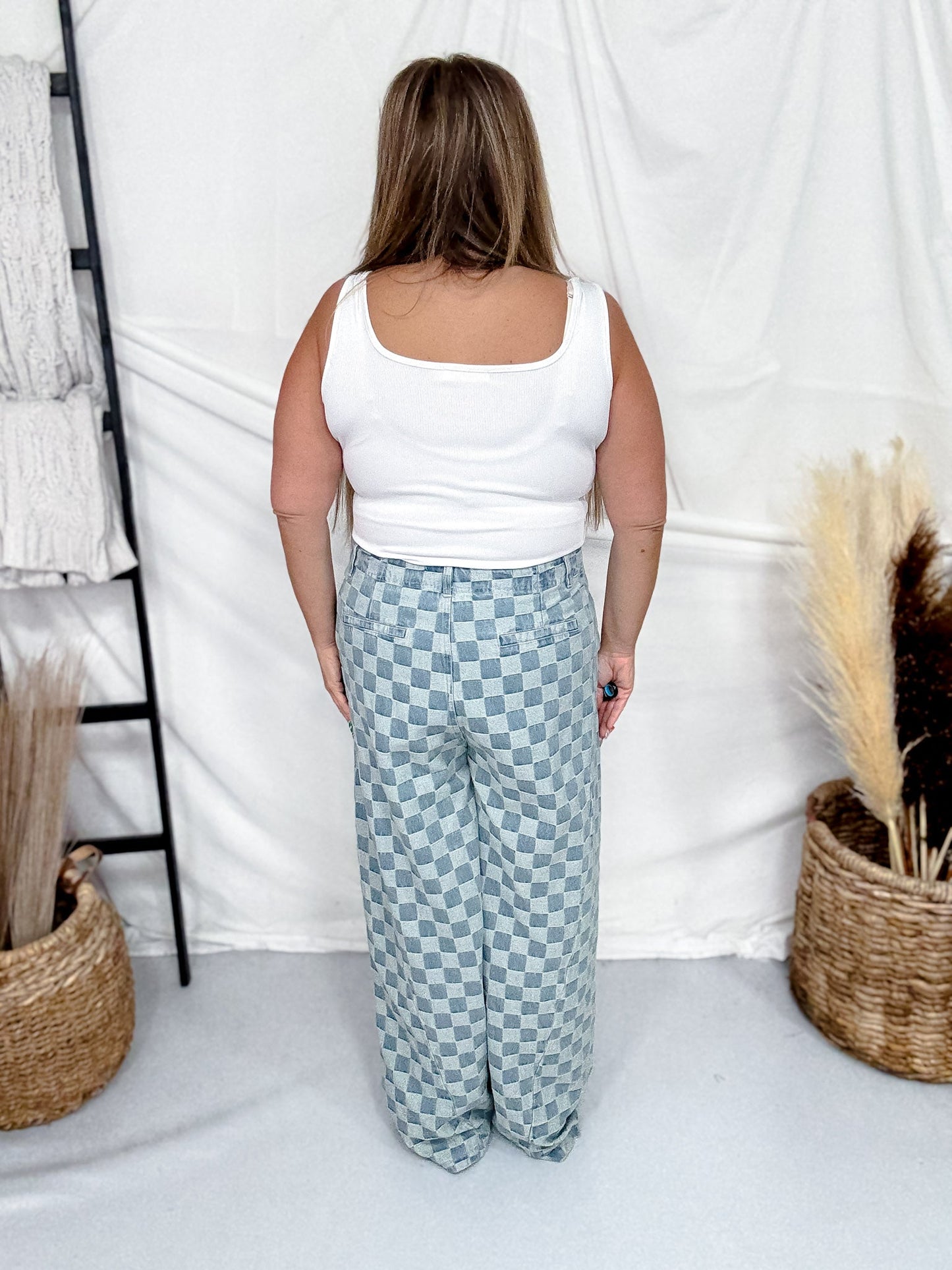 Mid Rise Wide Leg Checkered Denim Pants - Whiskey Skies - SWEET GENERIS