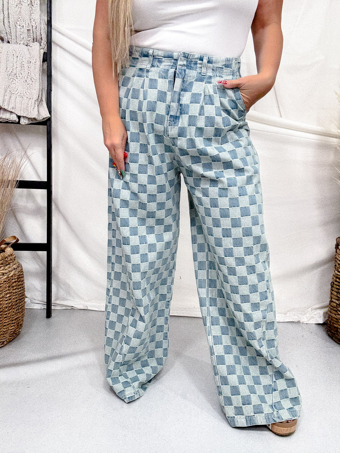 Mid Rise Wide Leg Checkered Denim Pants - Whiskey Skies - SWEET GENERIS