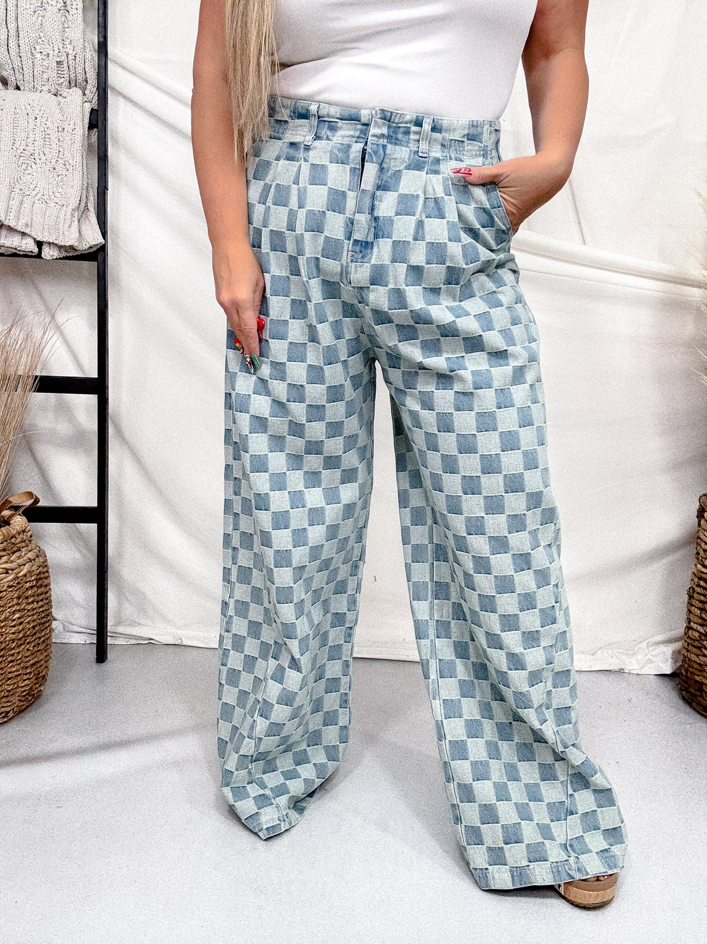 Mid Rise Wide Leg Checkered Denim Pants - Whiskey Skies - SWEET GENERIS