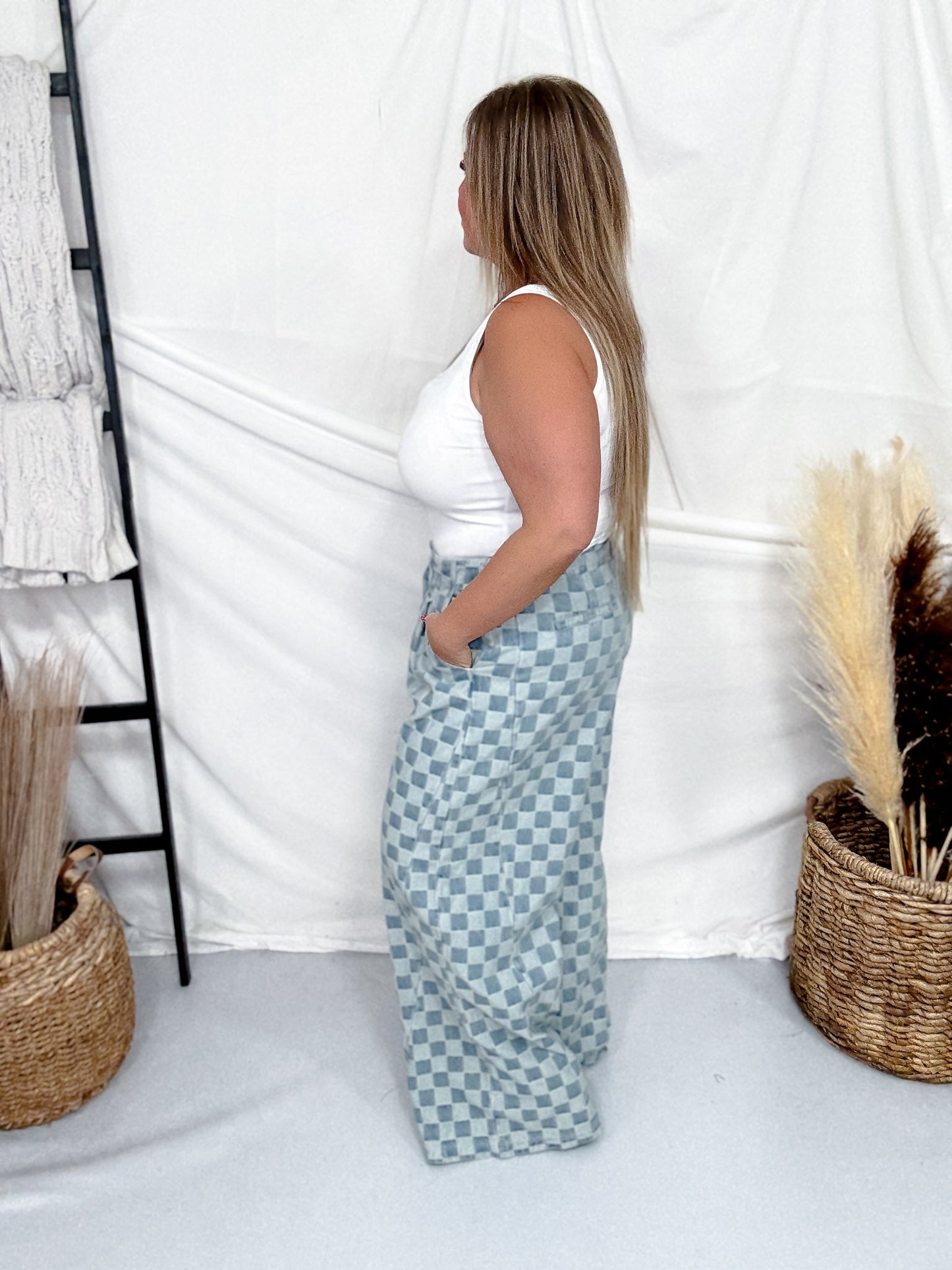 Mid Rise Wide Leg Checkered Denim Pants - Whiskey Skies - SWEET GENERIS