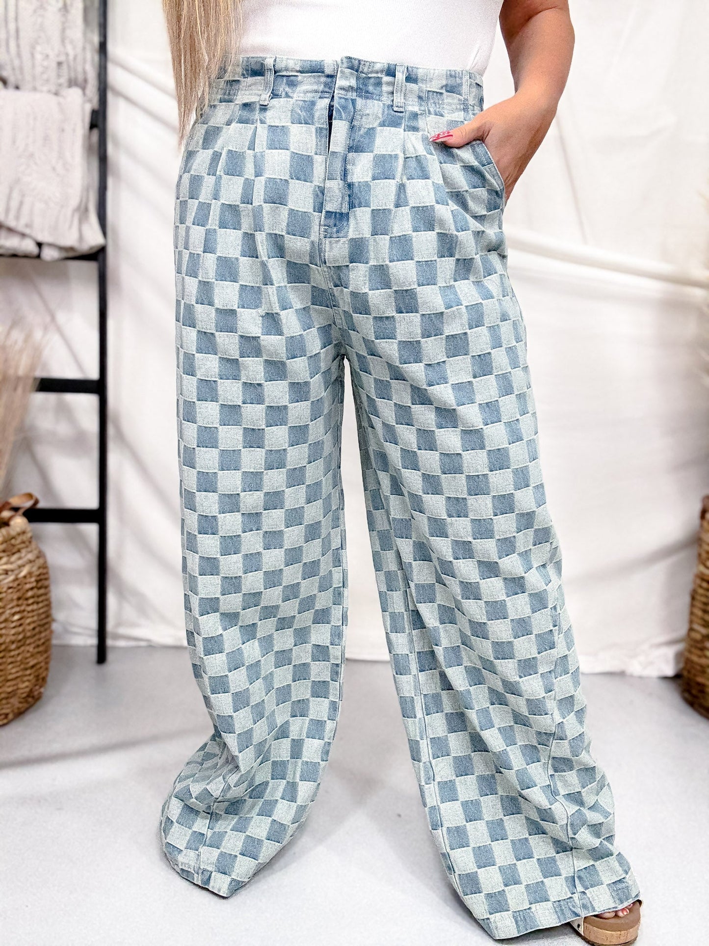 Mid Rise Wide Leg Checkered Denim Pants - Whiskey Skies - SWEET GENERIS