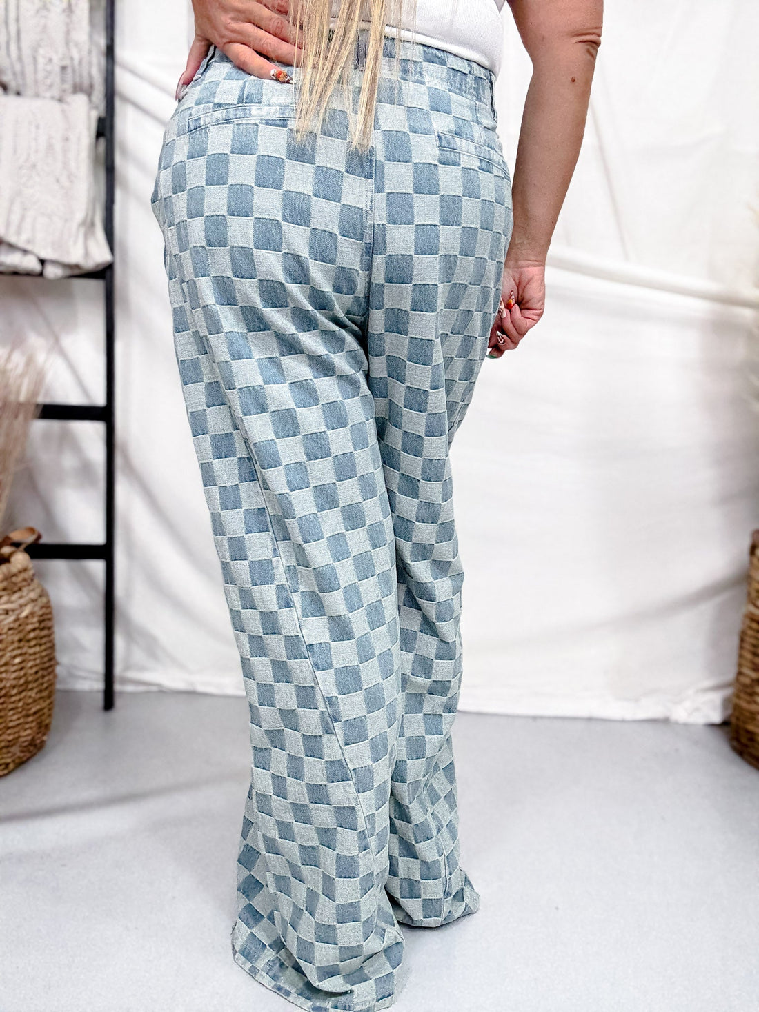 Mid Rise Wide Leg Checkered Denim Pants - Whiskey Skies - SWEET GENERIS