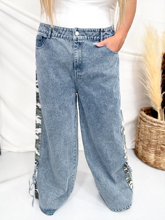 Mid Rise Wide Leg Jeans With Camo Print & Side Bow Ties - Whiskey Skies - BIBI