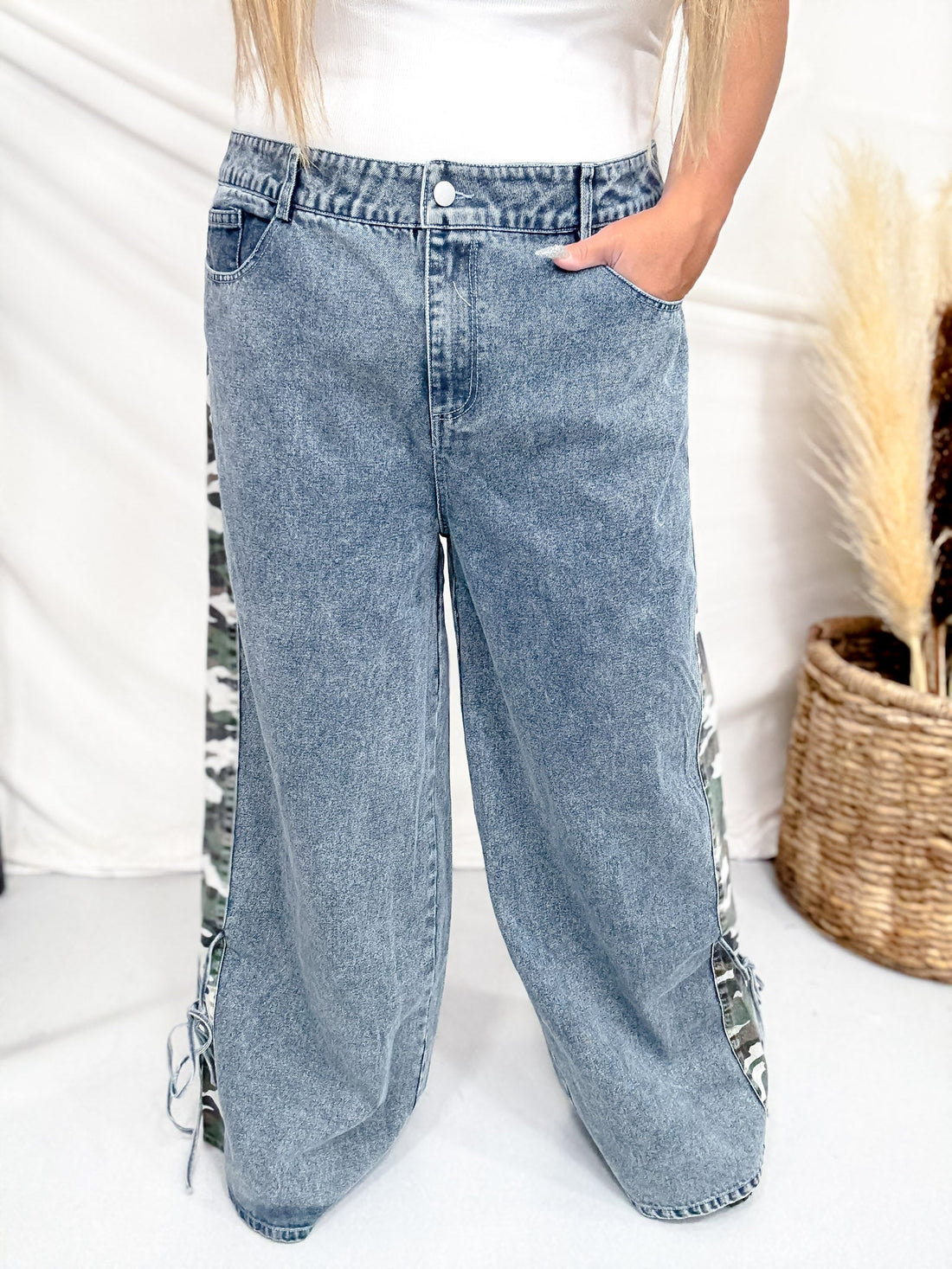 Mid Rise Wide Leg Jeans With Camo Print & Side Bow Ties - Whiskey Skies - BIBI