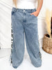 Mid Rise Wide Leg Jeans With Camo Print & Side Bow Ties - Whiskey Skies - BIBI