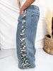 Mid Rise Wide Leg Jeans With Camo Print & Side Bow Ties - Whiskey Skies - BIBI