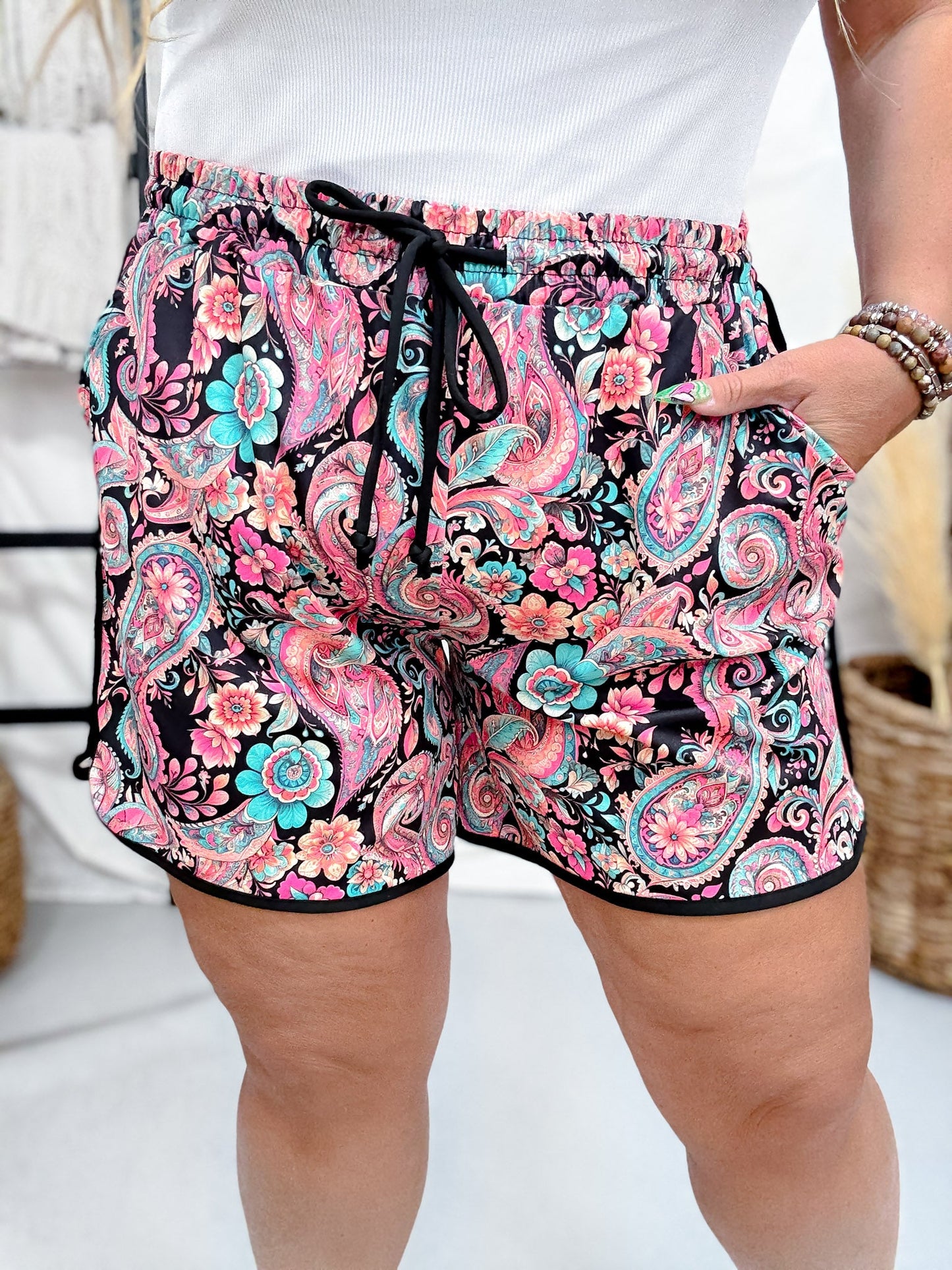 Midnight Bloom Long Length Drawstring Shorts - Whiskey Skies - STERLING KREEK