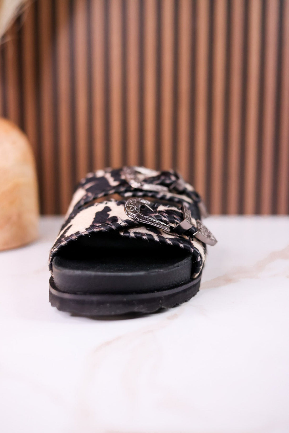 Midnight Grove Black & White Hairon Leather Sandals - Whiskey Skies - MYRA BAGS