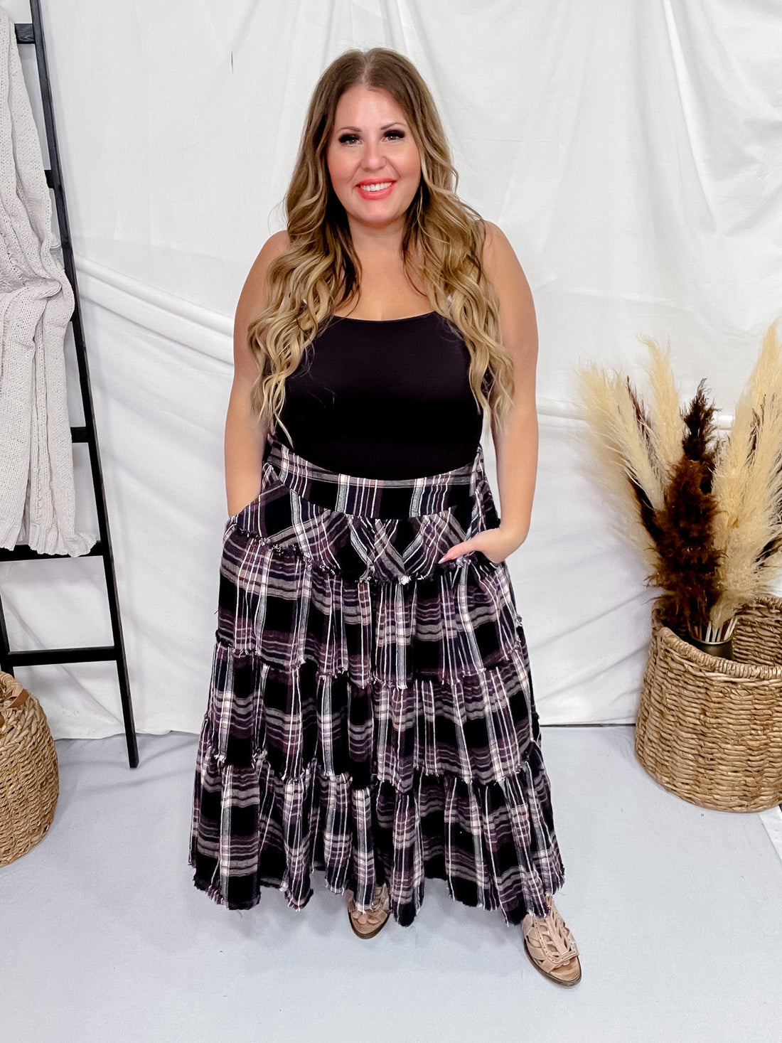 Mineral Wash Plaid Tiered Skirt - Whiskey Skies - OLI & HALI