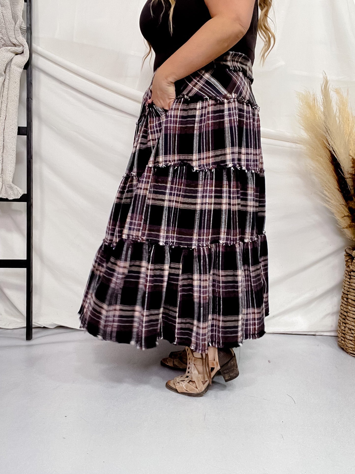 Mineral Wash Plaid Tiered Skirt - Whiskey Skies - OLI & HALI