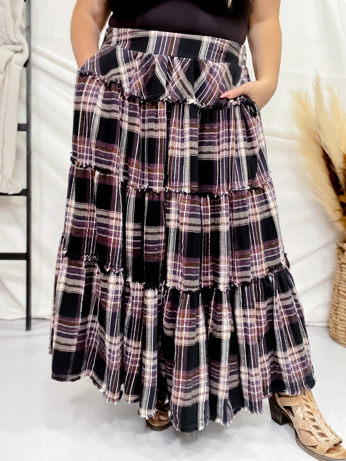 Mineral Wash Plaid Tiered Skirt - Whiskey Skies - OLI & HALI