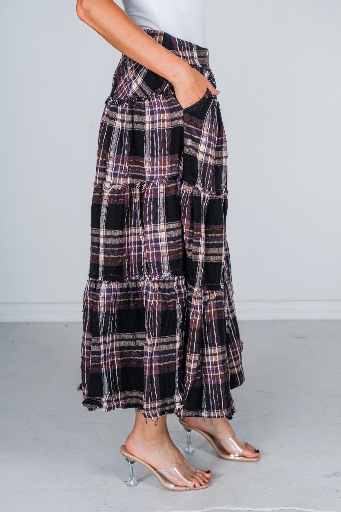 Mineral Wash Plaid Tiered Skirt - Whiskey Skies - OLI & HALI