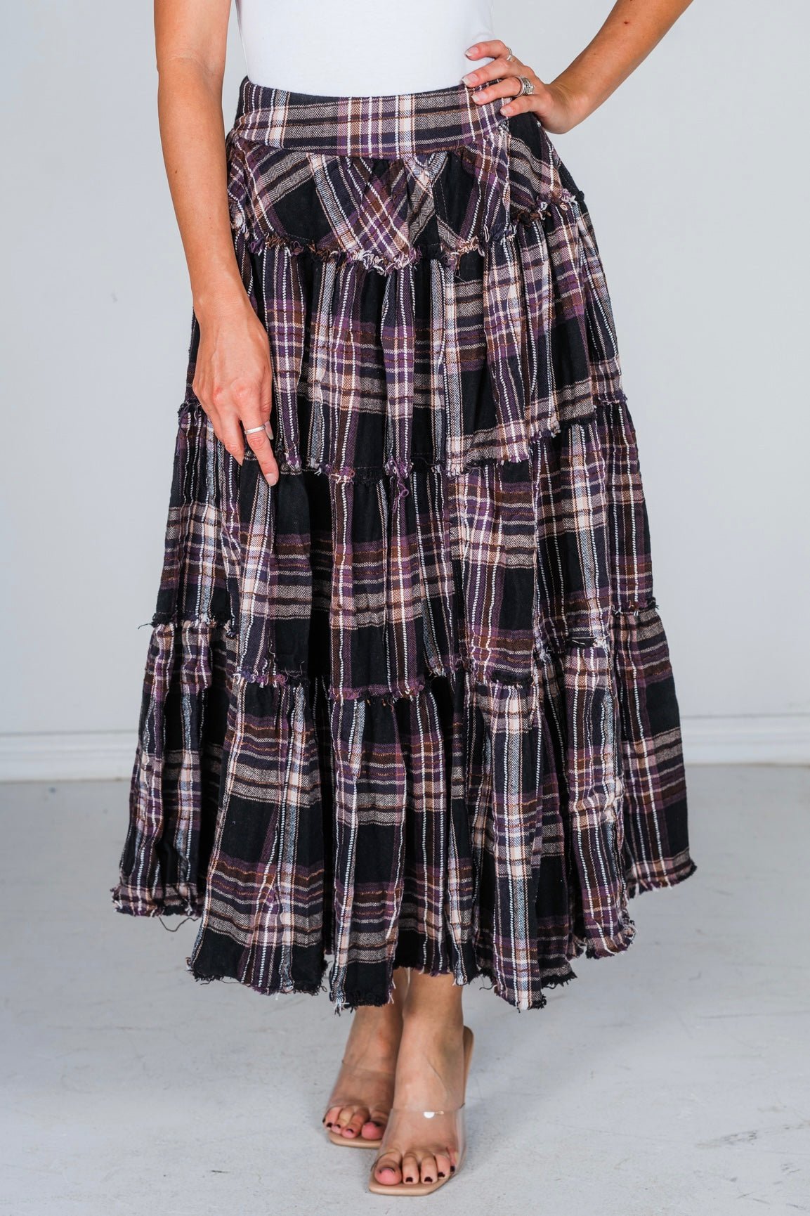 Mineral Wash Plaid Tiered Skirt - Whiskey Skies - OLI & HALI