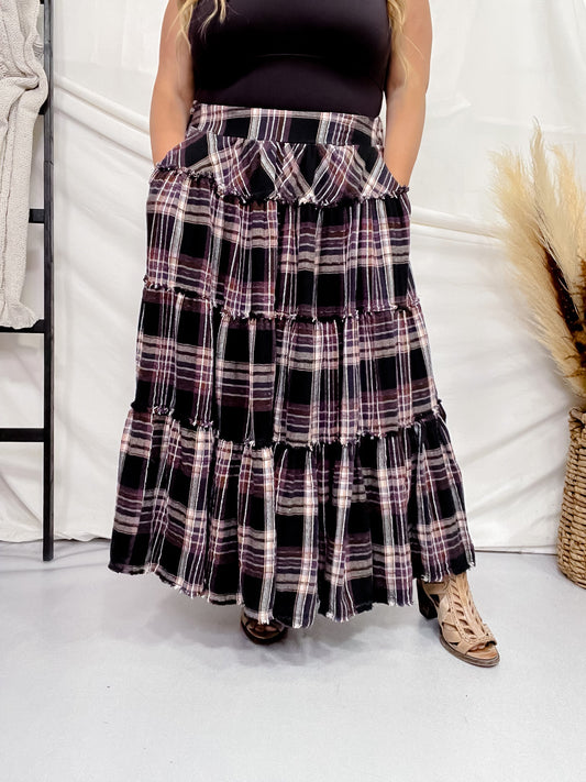 Mineral Wash Plaid Tiered Skirt - Whiskey Skies - OLI & HALI