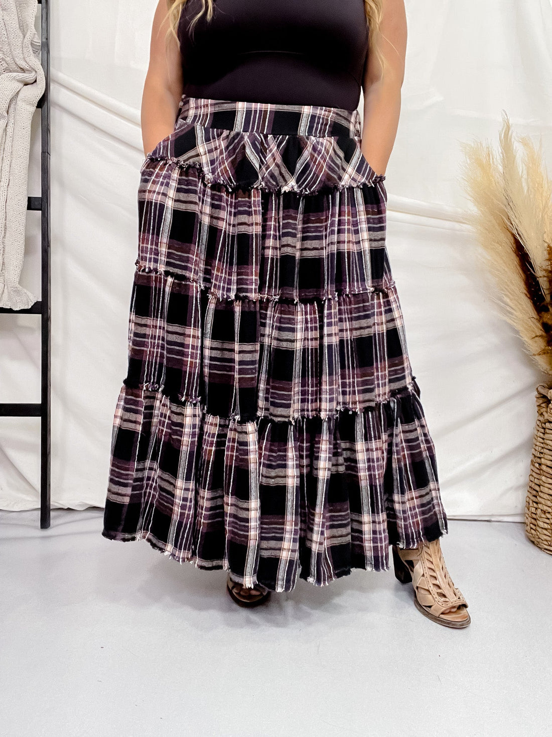 Mineral Wash Plaid Tiered Skirt - Whiskey Skies - OLI & HALI