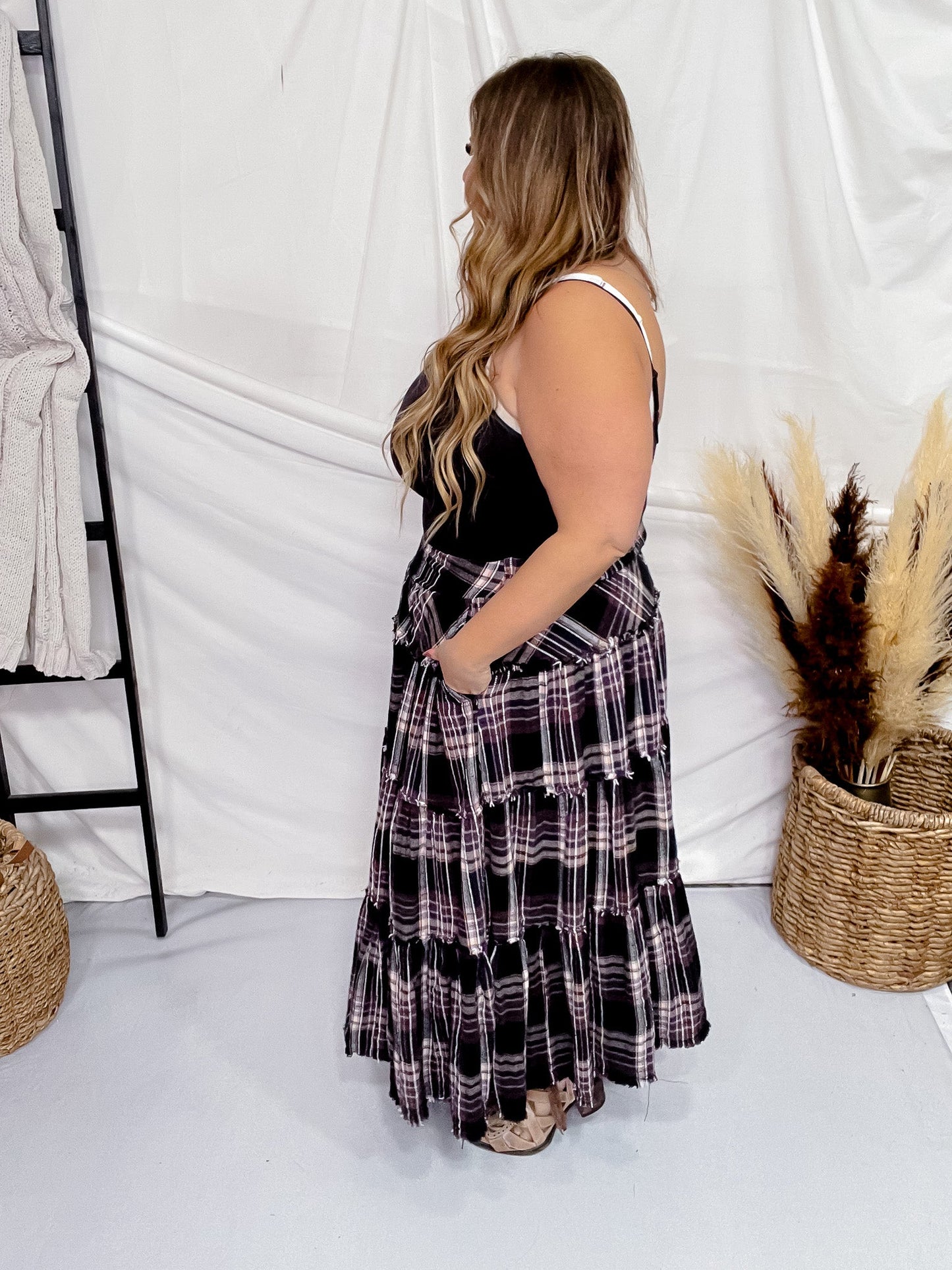 Mineral Wash Plaid Tiered Skirt - Whiskey Skies - OLI & HALI