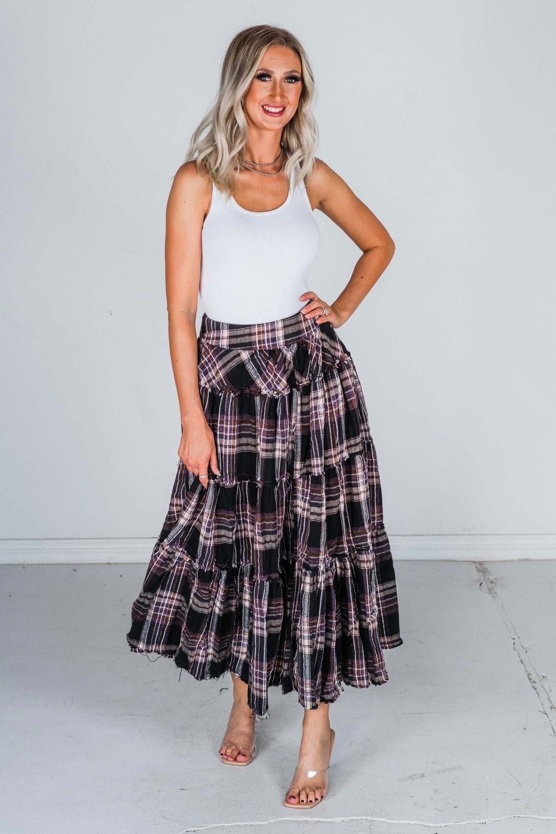 Mineral Wash Plaid Tiered Skirt - Whiskey Skies - OLI & HALI