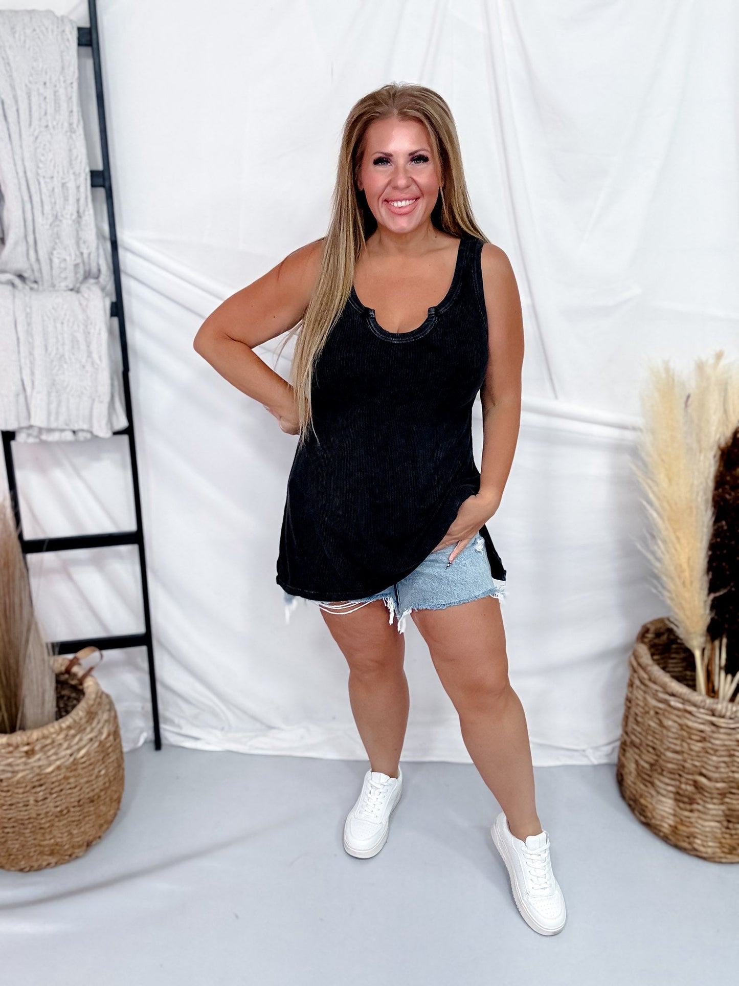 Mineral Washed Black Ribbed Tunic Tank Top With Side Slits - Whiskey Skies - STITCH & CO.
