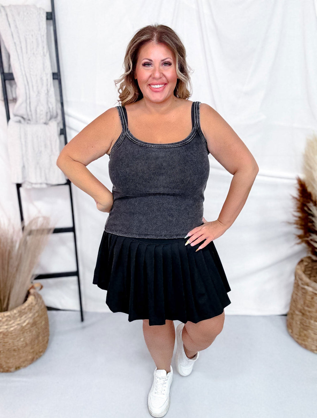 Mineral Washed Black Scoop Neck Tank Top - Whiskey Skies - WHITE BIRCH