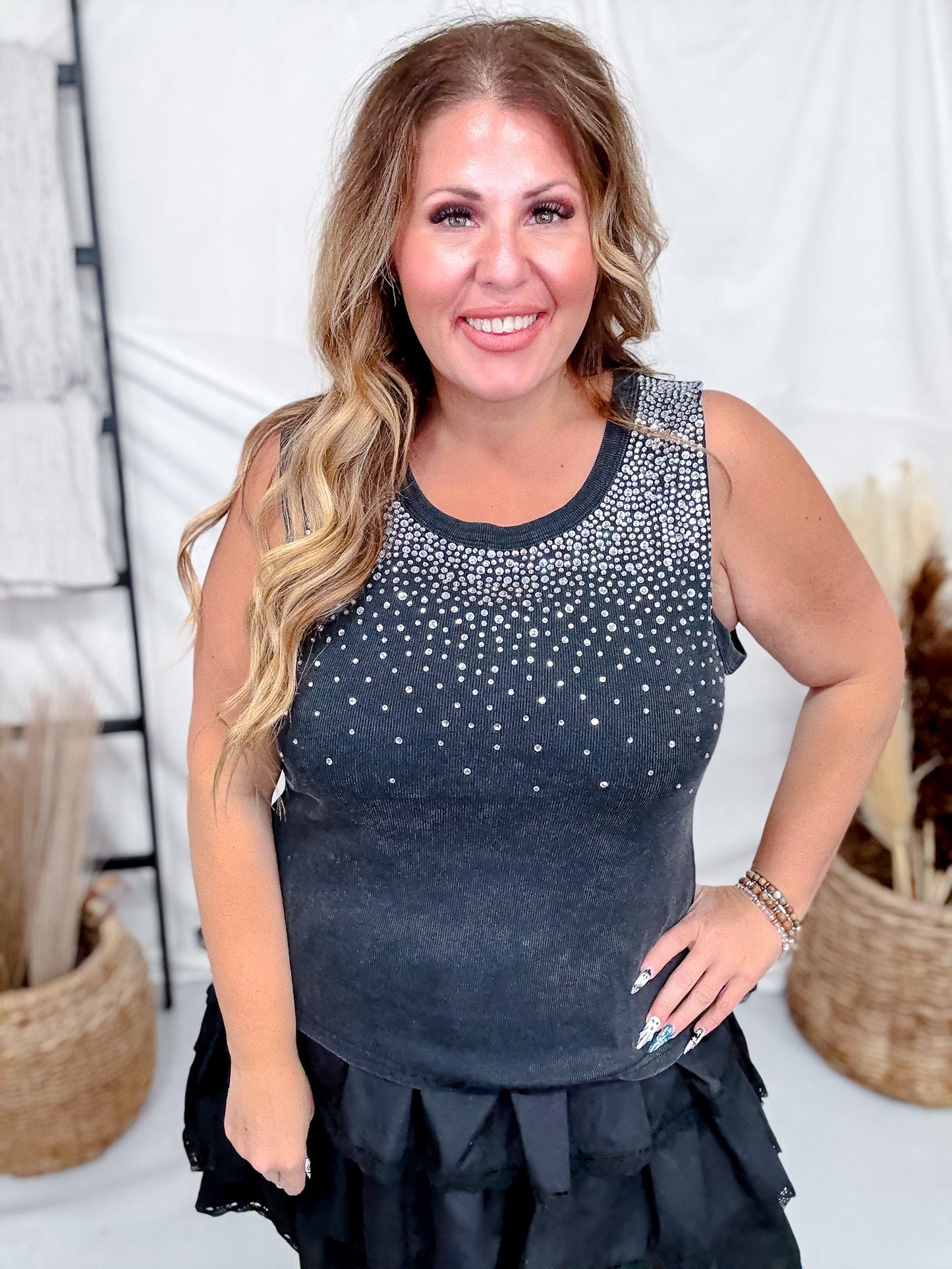 Mineral Washed Black Tank Top With Rhinestones - Whiskey Skies - DAVI & DANI