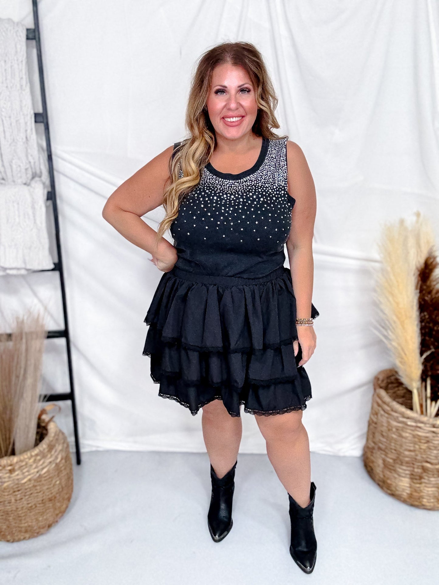 Mineral Washed Black Tank Top With Rhinestones - Whiskey Skies - DAVI & DANI