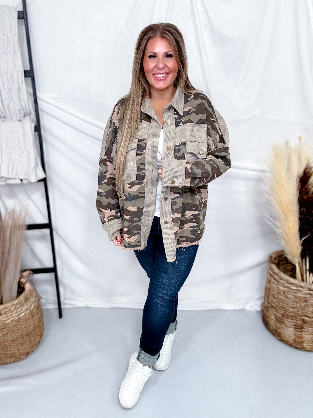 Mineral Washed Camo Waffle Knit Blocked Shacket - Whiskey Skies - DAVI & DANI