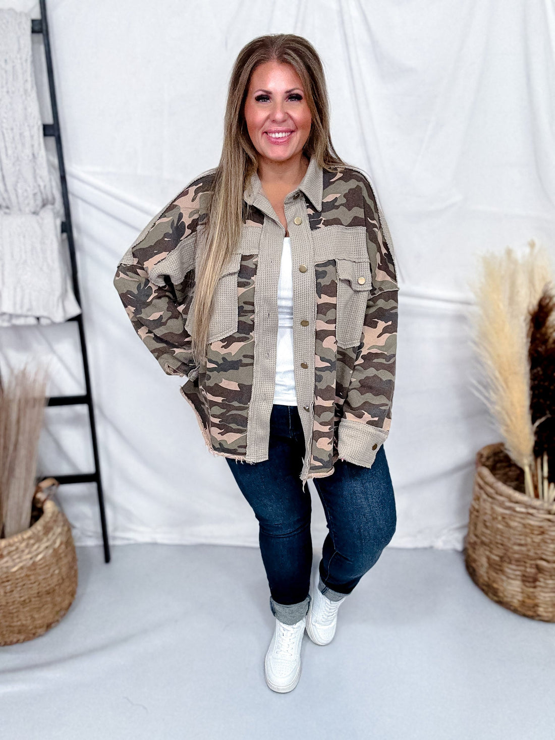Mineral Washed Camo Waffle Knit Blocked Shacket - Whiskey Skies - DAVI & DANI